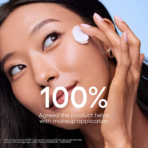Image 1 - A person with smooth skin and dark hair applies white cream to their temple, with the visible text 100% Agreed the product helps with makeup application. *Test conducted by GMRC / Consumer survey of 32 dry skin multi-ethnicity women with average age of 30s. Period: 2023.08.23 - 2023.09.27. Image 2 - The image shows two blue tubs of Laneige Water Bank Blue Hyaluronic Intensive Moisturizer stacked, with text that reads #Moisture Barrier Repair Cream, Protect skin against various external irritants (low and high temperature, sunlight, etc.), 210% better protection against skin dryness*, LANEIGE WATER BANK BLUE HYALURONIC Intensive Moisturizer 50 mL / 1.6 fl. oz., COLD WIND with an icon, SUNLIGHT with an icon, *Test conducted by GMRC / Consumer survey of 32 dry skin multi-ethnicity women with average age of 30s. Period: 2023.08.23 - 2023.09.27, and *Protect from external irritation (cold air treatment 10°C). Image 3 - A blue jar of Laneige Water Bank Blue Hyaluronic Intensive Moisturizer is shown next to text listing Enhanced Repair Ingredients: O-Mega Peptide with Omega oil - Essential fatty acids for moisture barrier repair and soothing and Peptide - Increase essential skin elasticity factors; Ceramide to Strengthen skin barrier; and Blue Hyaluronic Acid to Repair moisture barrier. Image 4 - Three jars of Laneige Water Bank Blue Hyaluronic moisturizers, in progressively darker shades of blue from left to right, are displayed with descriptive text above them: GEL MOISTURIZER Balancing barrier for Oily skin & oily skin lacking moisture, Soothing, skin moisture & oil balancing, Cooling gel formula, with the product label LANEIGE WATER BANK BLUE HYALURONIC Gel Moisturizer; CREAM MOISTURIZER Fortifying Barrier for Dry skin & dull skin that lost its elasticity and vitality due to dryness, Skin firmness and healthy glow, Soft cream formula, with the product label LANEIGE WATER BANK BLUE HYALURONIC Cream Moisturizer; INTENSIVE MOISTURIZER Protecting Moisture Barrier for Very dry & skin with redness* and itchiness**, Prevents visible skin redness and itchiness, Balm-to-cream formula, with the product label LANEIGE WATER BANK BLUE HYALURONIC Intensive Moisturizer; followed by footnotes *Prevents temporary redness induced by external irritation. **Limited to itchiness induced by skin dryness.