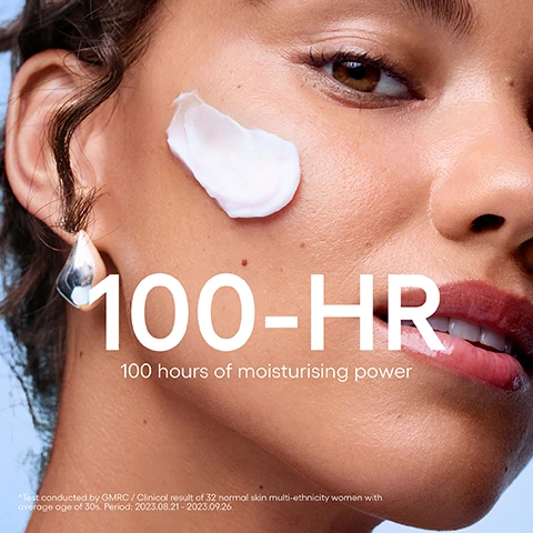 Image 1 - A close-up of a womans face with a white cream dollop on her cheek, displaying the text 100-HR, 100 hours of moisturising power, and *Test conducted by GMRC / Clinical result of 32 normal skin multi-ethnicity women with average age of 30s. Period: 2023.08.21 - 2023.09.26. Image 2 - A blue jar of Laneige Water Bank Blue Hyaluronic Cream Moisturizer is shown with text reading #Moisture Barrier Fortifying Cream, +79% Boosts Skins Visible Bounce, 96% Agreed skin felt stronger/more resilient, and a disclaimer *Test conducted by GMRC / Clinical Result & Consumer Survey of 32 normal skin multi-ethnicity women with average age of 30s. Period: 2023.08.21 - 2023.09.26. Image 3 - A light blue jar of LANEIGE Water Bank Blue Hyaluronic Cream Moisturizer with white cream overflowing from the top is shown, with text above detailing ingredients: 3 SKIN BARRIER INGREDIENTS to change the density, Ceramide / Cholesterol / Fatty acids Helps to make a densely structures skin barrier with ingredients similar to skin lipids, Pepta-panthenol Complex Helps to fortify skin barrier, Blue Hyaluronic Acid Powerful hydration, and on the jar, LANEIGE WATER BANK BLUE HYALURONIC Cream Moisturizer. Image 4 - A smiling woman with shoulder-length blonde hair, wearing a dark blue off-the-shoulder top, holds a light blue jar of cream and points to her collarbone against a draped blue curtain background, with visible text reading WATER BANK IS THE ANSWER, YOUR BARRIER-BOOSTING CHOICE FOR HYDRATED SKIN, LANEIGE, WATER BANK BLUE HYALURONIC Cream Moisturizer. Image 5 - A product display features three Laneige Water Bank Blue Hyaluronic moisturizers: Gel, Cream, and Intensive, each in a differently shaded blue jar, accompanied by detailed text descriptions of their properties and benefits, which read: GEL MOISTURIZER Balancing barrier Oily skin & oily skin lacking moisture Soothing, skin moisture & oil balancing Cooling gel formula LANEIGE WATER BANK BLUE HYALURONIC Gel Moisturizer; CREAM MOISTURIZER Fortifying Barrier Dry skin & dull skin that lost its elasticity and vitality due to dryness Skin firmness and healthy glow Soft cream formula LANEIGE WATER BANK BLUE HYALURONIC Cream Moisturizer; INTENSIVE MOISTURIZER Protecting Moisture Barrier Very dry & skin with redness* and itchiness** Prevents visible skin redness and itchiness Balm-to-cream formula LANEIGE WATER BANK BLUE HYALURONIC Intensive Moisturizer; with footnotes *Prevents temporary redness induced by external irritation. **Limited to itchiness induced by skin dryness.