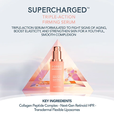 Image 1 - A pink serum bottle with a pump top is centered in the image, surrounded by geometric shapes and bubbles, with the text Supercharged Triple-Action Firming Serum and a description of its benefits, along with the key ingredients listed below.
Image 2 - A pink serum bottle with a pump sit on a glossy surface surrounded by droplets of liquid, with visible text reading Smoothing Collagen Peptide Complex, Renewing Hydroxypinacolone Retinoate (HPR), and Nourishing Transdermal Flexible Liposomes.
Image 3 - A young woman with a towel wrapped around her hair holds a serum bottle labeled FOREO Supercharged while looking into a mirror, with text beside her stating Dermatologist tested, Suitable for all skin types, and 90% natural origin ingredients.
Image 4 - A side-by-side comparison of a womans jawline showing the before and after results of a cosmetic treatment, with visible text labeling the left image as Before and the right image as After.
Image 5 - Image shows a skincare routine layout featuring various FOREO products, including LUNA Micro-Foam Cleanser 2.0, LUNA 4, SUPERCHARGED Triple-Action Firming Serum, BEAR 2, UFO activated mask, SUPERCHARGED Overnight Skin Repair Face Oil, and SUPERCHARGED Ultra-Hydrating Sleeping Mask, with a PRO TIP advising the application of the serum in upward motions for best results.