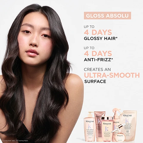 Image 2 - A young woman with long, shiny dark hair poses against a light background, accompanied by hair care product images and text stating GLOSS ABSOLU, UP TO 4 DAYS GLOSSY HAIR*, UP TO 4 DAYS ANTI-FRIZZ*, and CREATES AN ULTRA-SMOOTH SURFACE.
Image 3 - Image showcasing a hair care product advertisement with before-and-after transformations for two individuals hair on the top and bottom halves, featuring product placement on the bottom right; visible text includes BEFORE and AFTER labels in each section.
Image 4 - Three test tubes containing different colored liquids are displayed; the left tube labeled Hyaluronic Acid with the text formula known to create a smoother surface, the middle tube labeled Glycolic Acid with the text formula known to seal cuticles for long lasting shine, and the right tube labeled Wild Rose in Oil with the text for a sensorial fragrance.
Image 5 - A translucent gel bubble with a subtle pink tint against a light gray background, labeled with the text Gel Texture and Gloss Absolu Bain Hydra-Glaze.
Image 6 - A man with curly hair is smiling at the camera while holding a glass bottle and accompanied by two hair care products on a table, with text that reads GLOSS ABSOLU THE PROFESSIONAL INSIDE HOVIG ETOYAN Global Professional Ambassador and a quote about clients hair care preferences.