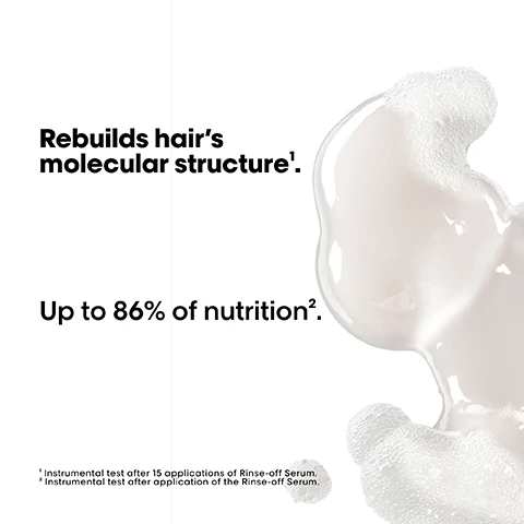 Image 1 - A creamy, white hair treatment product with a bubbly texture is shown, accompanied by the text Rebuilds hairs molecular structure and Up to 86% of nutrition, along with footnotes regarding testing results.
Image 2 - An image of a bottle with a spout pouring liquid, with text that reads High pro performance, Up to 73% less plastic¹, and Up to 15% less price/ml².
Image 3 - Image shows a comparison of hair transformations labeled Before and After for two different individuals, with the before images displaying textured and curly hair and the after images showing straight and smoother hair; below are bottles of hair care products, accompanied by the text The full Absolut Repair Molecular routine for all types of damaged hair. Not retouched.
Image 4 - Image shows three hair care products by LOréal: a bottle labeled Absolut Repair Molecular Shampoo, a pump bottle labeled Absolut Repair Molecular Rinse-Off Serum, and a bottle labeled Absolut Repair Molecular Leave-In Mask, with the title The professional deep molecular repair routine above.
Image 5 - Image showing a step-by-step guide on how to refill a shampoo bottle with three numbered steps: 01 Take your empty shampoo bottle. Do not rinse it. Unscrew the bottle & refill caps. 02 Take the refill pouch and pour it up slowly inside the bottle. 03 Screw the cap and use your shampoo as usual. Refill the bottle maximum 3 times.
Image 6 - Image shows a close-up of colorful molecular structures with text highlighting 2% Peptides bonder + 5 Amino acids and Rebuilds hairs molecular structure, along with additional notes about the technology and benefits.
Image 7 - Image of a hair treatment product with a brown, curly hair strand displayed on a white circular element; text on the image reads: What happens to your hair when it is damaged? Damage happens at molecular level. Peptides are composed of amino acids & bonds holding them together. When peptides break, the damage can be irreversible, until now.
Image 8 - Image of a hair care guide with three steps on how to rebuild hairs molecular structure, showing hands applying shampoo, rinsing off serum, and using a leave-in mask, with the text: #AbsolutRepairMolecular Pro tips for your 3-step routine. Step 01 Shampoo Apply shampoo on wet hair until foam is obtained. Rinse thoroughly. Step 02 Rinse-off serum Press 2-3 pumps per section on wet hair. Distribute evenly from lengths to ends for 1-2 mins. Rinse thoroughly. Step 03 Leave-in mask Pump 1 per each section. Leave in. Blow dry or air dry.