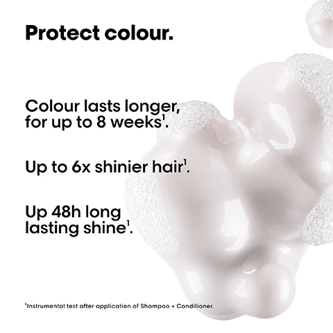 Image 1 - An abstract image of a light-colored shampoo lather with text that reads Protect colour, Colour lasts longer, for up to 8 weeks, Up to 6x shinier hair, Up 48h long lasting shine, and a footnote about an instrumental test after application of Shampoo and Conditioner.
Image 2 - A pink bottle being filled with a liquid from a pouch above it, with text stating High pro performance. Up to 73% less plastic. Up to 15% less price/ml.
Image 3 - Image shows a comparison of curly hair before and after using a product, with a person’s back visible, highlighting the improvement in curl definition; visible text includes Before and After along with product bottles labeled with various hair care names at the bottom.
Image 4 - A colorful abstract image featuring bubbles with shades of pink and purple, accompanied by text that reads Resveratrol. Protect your color. and a small box stating Anti-oxidant to nourish and protect the hair follicles.
Image 5 - Image showing a step-by-step guide on how to refill a shampoo bottle, with three numbered instructions: 01 Take your empty shampoo bottle. Do not rinse it. Unscrew the bottle & refill caps. 02 Take the refill pouch and pour it up slowly inside the bottle. 03 Screw the cap and use your shampoo as usual. Refill the bottle maximum 3 times.
Image 6 - Four images displaying a hair care product from LOréal called Vitamin Color, with the first image showing a bottle and pouch, the second showing a cap being twisted off, the third depicting the pouchs nozzle dispensing product, and the fourth showing the bottle being filled with the product.