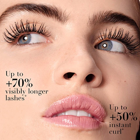 Image 1 - A close-up of a womans face displaying prominent eyelashes and a glossy lip, with text that reads Up to +70% visibly longer lashes* and Up to +50% instant curl*.
Image 2 - A grid of six close-up images of eyes showing different eyelash types labeled as Thin lashes, Short lashes, and Long lashes with the words BEFORE above the first three images and AFTER below the last three images.
Image 3 - A close-up of a womans eye showcasing long, defined eyelashes with a mascara wand applying product, featuring the text Up to +5mm added length* Clean definition and separation For up to 24H length & wear** superimposed on the image.
Image 4 - A close-up image of two beauty products with a sleek design, labeled as Eye Tint and Vertigo Lift Mascara, accompanied by text that describes their benefits: STEP 1: EYE TINT The Viral eyeshadow Smokey eyes and intense colour in one stroke STEP 2: VERTIGO LIFT MASCARA Clump-Free sculpted length for up to +70% visibly longer lashes.
Image 5 - A close-up view of an eye with long, voluminous lashes, showing a mascara wand applying product to the lashes, with visible text that says Infused with arginin amino acids and Leaves lashes feeling supple and flexible.
Image 6 - Image shows a close-up of a black mascara brush with fine bristles, accompanied by text that reads Infinity-Loop brush grips, coats and separates each lash and clump-free sculpted length.