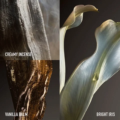 Image 1 - A collage of three images featuring textured materials and plants, with labels at the bottom: Creamy Incense on the top left, Vanilla Balm on the bottom, and Bright Iris on the top right.