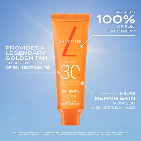 Image 1 - An orange tube of Lancaster Sun Beauty gel sunscreen is displayed against a blue sky background, with text stating it provides a legendary golden tan in half the time of sun exposure, has 30 SPF high protection, targets 100% of sun spectrum, helps repair skin from sun-induced damage, and is water and sweat resistant.
Image 2 - A close-up image showing a persons face split into two sections, with the top labeled BEFORE displaying a shiny oil on their cheek and the bottom labeled AFTER showing a matte finish, accompanied by the text NON-GREASY FINISH.
Image 3 - A close-up of a young man’s face with clear skin, featuring visible droplets of moisture; the image includes text stating +82% skin cells repaired from UV-induced damage and 2H clinically proven lasting hydration.
Image 4 - Image shows a selection of five sunscreen products from Lancaster, including a face cream, face fluid, face gel, sensitive skin face fluid, and an illuminating cream, alongside swatches of each products texture and descriptive phrases: creamy and nourishing, lightweight fluid, ultra-lightweight gel, lightweight and soothing fluid, and comforting cream, with benefits listed below: deeply hydrates and protects, fresh and invisible finish, refreshing and non-greasy, high protection for sensitive skin, and anti-aging efficacy.