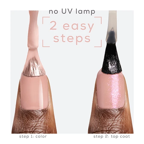 Image 1 - A close-up image shows two nails with nail polish applied; the left nail has a light pink color, while the right nail is topped with a shimmery pink coat, and the text states no UV lamp and 2 easy steps with step 1: color and step 2: top coat below.
Image 2 - Image shows three bottles of Essie nail polish in a metallic glaze collection with a pink background, labeled as top coats, featuring the text up to 15 days of wear* with re-application of top coat at day 7 and metallic glaze top coats.
Image 3 - A hand displaying four different nail polish colors, including a pink bottle labeled essie and text indicating options for top coats, with the descriptions shiny top coat, glazed chrome, crushed gold, and blushed metal next to the respective colors.