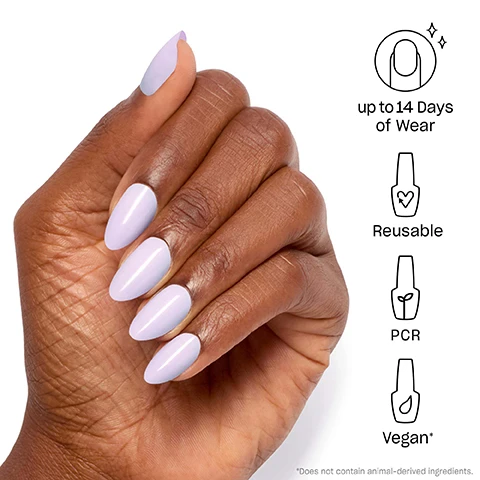 Image 1 - A hand with long, pointed, lavender nails is shown, accompanied by icons indicating attributes like up to 14 days of wear, reusable, PCR, and vegan, along with a disclaimer stating it does not contain animal-derived ingredients.
Image 2 - Image shows a step-by-step guide titled GET PRESSED UP, with four circular icons numbered 1 to 4; icon 1 labeled FIT shows two nails, text reads Find your perfect size, icon 2 labeled SHAPE shows a nail with a tape measure, text reads Option to do hue with custom tips, icon 3 labeled PREP shows a nail with a sparkle, text reads Buff, file and wipe, and icon 4 labeled xPRESS shows a hand applying glue, text reads Glue, press, and hold to dry.