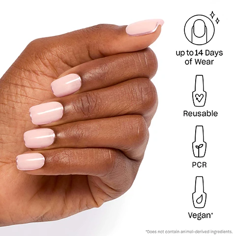Image 1 - A hand with light pink, glossy nails is shown against a white background, with accompanying text on the right stating up to 14 Days of Wear, Reusable, PCR, and Vegan, along with a note that it does not contain animal-derived ingredients.
Image 2 - Image depicts a four-step guide to applying press-on nails with icons representing each step: 1. Fit - Find your perfect size; 2. Shape - Option to do hue with custom tips; 3. Prep - Buff, file, and wipe; 4. xPress - Glue, press, and hold to dry.