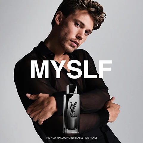 Image 1 - A man with tousled hair poses confidently while holding a black perfume bottle, with large white text above him reading MYSLF and smaller text below stating THE NEW MASCULINE REFILLABLE FRAGRANCE.