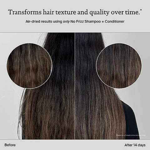 Image 3 - A side-by-side image displays a woman with frizzy gray hair on the left labeled Before, and the same woman with smooth, styled gray hair on the right labeled After 1 wash, with visible text No Frizz Shampoo + Conditioner, 3x smoother hair with every wash, and a note Unretouched images. Results after 1 use. Image 4 - A side-by-side image compares frizzy hair on the left, labeled Before, with smoother hair on the right, labeled After 14 days, with text stating Transforms hair texture and quality over time.* Air-dried results using only No Frizz Shampoo + Conditioner and *Based on a 3-week consumer use study. Image 5 - A tall, light brown bottle of Living Proof frizz conditioner with a white cap is displayed on a blue background with water bubbles, alongside three blue rectangles outlining product benefits, Sili-CLONE™ HairTech, Living proof® frizz conditioner for frizzy hair pour les cheveux frisottés, CONDITIONER APRÈS-SHAMPOOING 236 mL e 8.0 FL OZ US, DELIVERS 3X SMOOTHER HAIR IN JUST 1 WASH*, KEEPS HAIR CLEANER + HEALTHIER FOR LONGER**, IMPROVES HAIR TEXTURE AND QUALITY, *No Frizz Shampoo + Conditioner vs. untreated, **Based on No Frizz Shampoo + Conditioner consumer use study. Image 6 - A comparison chart on a blue background with water droplets contrasts Sili-CLONE HairTech vs Silicone, listing for Sili-CLONE HairTech: HAIR ACTUALLY BECOMES HEALTHIER + KEEPS HAIR CLEANER + HEALTHIER, LONGER + PROMOTES LONGEVITY OF HAIR HEALTH; and for Silicone: HAIR APPEARS HEALTHY, DAMAGE IS MASKED + MAKES HAIR DIRTIER, FASTER + CAN LEAD TO CHRONIC DAMAGE. Image 7 - A white bottle top with water droplets and white dashed design lines around it, accompanied by the text Bottles are ready for recycling. Made of 50% post-consumer recycled (PCR) materials. Image 8 - A blue background features iridescent bubbles on the right side, with the text Sili-CLONE™ HairTech and Feels like silicone, scientifically proven to unlock healthier hair. Image 10 - A visual of a person with smooth, dark hair alongside three Living Proof hair products laid out for a hair routine, displaying text: Smooth + fight frizz routine. STEP 1 Cleanse Living proof frizz shampoo for frizzy hair pour les cheveux frisottes 236 mL 8.0 FL OZ US. STEP 2 Condition Living proof frizz conditioner for frizzy hair pour les cheveux frisottes 236 mL 8.0 FL OZ US. STEP 3 Style + protect Living proof Perfect hair Day high-shine gloss instant shine & smoothness brillance et douceur instantanees IN-SHOWER TREATMENT SOIN CAPILLAIRE SOUS LA DOUCHE 200 mL 6.7 FL OZ US.