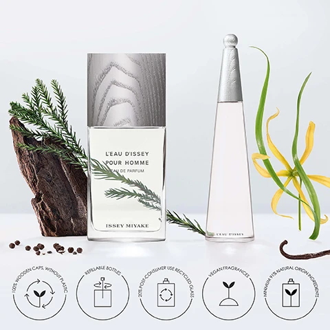 Image 1 - An elegant perfume bottle labeled LEau dIssey Pour Homme, accompanied by a tall, slender bottle, surrounded by green leaves, wood, and scattered black pepper seeds, with icons below indicating environmental features.
Image 2 - Image shows three bottles of Issey Miyake fragrances labeled Eau de Toilette, Eau de Parfum, and Eau de Parfum Intense, accompanied by flowers and wood elements, with descriptions of each fragrance: Elegant & Timeless Rose White flowers Precious woods FLORAL AQUATIC, Refined & Luminous Rose Yellow Freesia Precious woods FLORAL AQUATIC, Intense & Sensual Posidonia accord Ylang-ylang Vanilla FLORAL AQUATIC.