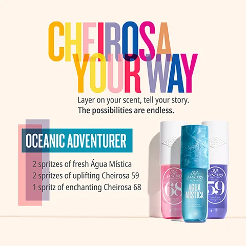 Image 1 - An image featuring three body sprays arranged on a light background, with colorful text at the top that reads CHEIROSA YOUR WAY and additional text below that says OCEANIC ADVENTURER alongside instructions for layering scents, including 2 spritzes of fresh Água Mística, 2 spritzes of uplifting Cheirosa 59, 1 spritz of enchanting Cheirosa 68.