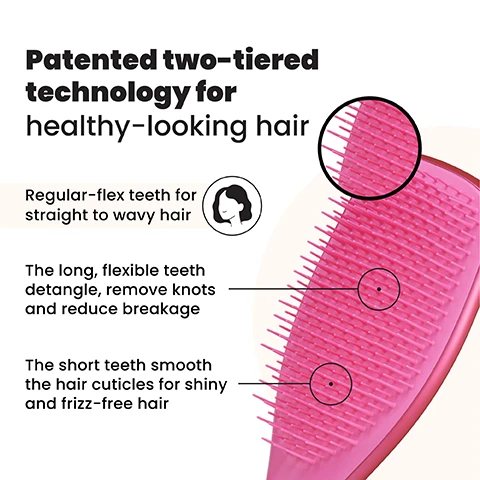 Image 1 - An illustration features a pink hairbrush with a magnified detail of its two-tiered bristles, explained by text that reads Patented two-tiered technology for healthy-looking hair, followed by details that regular-flex teeth are for straight to wavy hair, the long flexible teeth detangle, remove knots and reduce breakage, and the short teeth smooth the hair cuticles for shiny and frizz-free hair. Image 2 - A woman brushes her dark hair with a bright pink brush, with text that reads Regular-flex teeth for straight to wavy hair. Image 3 - A pink Tangle Teezer hairbrush is displayed alongside five benefits with icons, stating Less breakage for smooth & healthy looking hair, Quick & effortless detangling, Ideal for wet or dry hair, Smooths frizz & flyaways, and Brush through treatments. Image 4 - A before and after comparison image of a womans blonde hair shows the left side (Before) appearing slightly tangled and the right side (After) looking smooth and shiny, with text stating 75% experienced no tugging, pulling or pain when brushing*, 80% agree that they have fewer knots and tangles*, and *120 UK respondents aged 16-40 after 2 weeks (2017). Image 5 - An image comparing three hairbrush sizes: Mini, measuring 15.5cm by 5.3cm, suitable for Fine and Straight - Wavy hair; Regular, a pink brush measuring 21.1cm by 6.6cm with text For daily detangling, suitable for Fine, Straight - Wavy, and Curly - Coily hair; and Large, measuring 23.6cm by 7.9cm, suitable for Fine, Straight - Wavy, Thick & Long, and Curly - Coily hair.