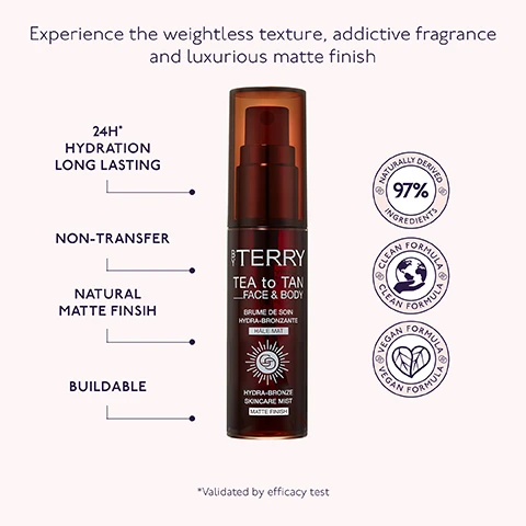 Image 1 - A skincare mist bottle with a dark design, labeled BY TERRY TEA TO TAN FACE & BODY, displaying features such as 24H hydration, non-transfer, natural matte finish, and buildable application, along with icons for naturally derived ingredients, clean formula, and vegan formula.
Image 2 - Three side-by-side images of a womans face showing her appearance before and after the first and second application of a cosmetic product, with visible text labeling the images as Before, After First Application, and After Second Application.