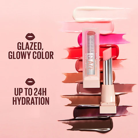 Image 3 - Two Maybelline lip balms, one in a clear tube displaying Maybelline New York Glaze Oil Balm/Baume Huile and another in an open pink tube, are set against a pink background adorned with multiple glossy lip color swatches, with accompanying text that reads Glazed, Glowy Color and Up to 24H Hydration. Image 4 - A split image shows a close-up of lips, with the left side featuring shiny, pink lips labelled GLAZED, and the right side showing bare, natural lips labelled BEFORE. Image 5 - A close-up of a person with dark skin applying shiny red lipstick to their lower lip, with their teeth slightly visible, and the text SOFTER, SMOOTHER LIPS.