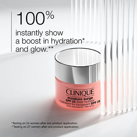 Image 1 - A jar of Clinique Moisture Surge SPF 25 sheer hydrator is placed next to transparent glass rods, with text stating 100% instantly show a boost in hydration and glow, accompanied by smaller text regarding testing details.
Image 2 - A close-up of creamy, light pink texture with water droplet and shield icons, accompanied by the words hydrate and protect.