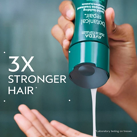 Image 2 - A hand squeezes a dark green Aveda Botanical Repair bond-building shampoo treatment bottle, from which white liquid pours into an open hand, with the overlaid text 3X STRONGER HAIR* and Laboratory testing on tresses, and the bottle label also displays AVEDA THE ART AND SCIENCE OF PURE FLOWER AND PLANT ESSENCES botanical repair. bond-building shampoo treatment strengthens & protects. Image 3 - A side-by-side comparison of a womans blonde hair, showing dull, straight hair on the left and shiny, voluminous, wavy hair on the right, with visible text BEFORE, AFTER, Unwashed Hair, and Results with Botanical Repair™ Pre-Shampoo Treatment, Purple Toning Shampoo and Strengthening Conditioner, Invati Ultra Advanced Fortifying Leave In-Treatment and Thickening Foam. Blow dried with round brush and finished with Control Force™ Firm Hold Hair Spray. Image 4 - A dark green background with a central swirling liquid graphic in green and yellowish tones, accompanied by two blocks of white text: PLANT-DERIVED BOND BUILDING MOLECULE PLANT-DERIVED BOND BUILDING MOLECULE PENETRATES DEEP WITHIN THE CORTEX BUILDING NEW BONDS FOR STRONGER HAIR. NOURISHING MACRO-GREEN BLEND WITH AVOCADO, GREEN TEA AND SACHA INCHI OILS SMOOTHS THE CUTICLE TO DETANGLE AND HELP PREVENT BREAKAGE. Image 5 - A three-step hair care guide on a dark green background titled HOW TO USE, showing 01 TREAT with hands applying a product to blonde hair and text Botanical Repair Pre-Shampoo Treatment; 02 CLEANSE & CONDITION with a hand massaging purple shampoo into wet hair and text Botanical Repair Purple Toning Shampoo and Strengthening Conditioner; and 03 STYLE with three Aveda product bottles and text Invati Ultra Advanced Fortifying Leave-In Treatment and Thickening Foam, and Control Force Firm Hold Hair Spray. Image 7 - Before and after image of a blonde woman, showing her hair unwashed and straight on the left, and voluminous and curly on the right, with text that reads: BEFORE, AFTER, Unwashed Hair, Results with Botanical Repair™ Pre-Shampoo Treatment, Purple Toning Shampoo and Strengthening Conditioner, Invati Ultra Advanced Fortifying Leave In-Treatment and Thickening Foam. Blow dried with round brush and finished with Control Force™ Firm Hold Hair Spray. Image 8 - A dark green leafy background features three certification logos: a circular logo with a V and 100% Vegan text, a Certified B Corporation logo with a B in a circle, and the Leaping Bunny Cruelty Free International logo showing a rabbit and two stars.