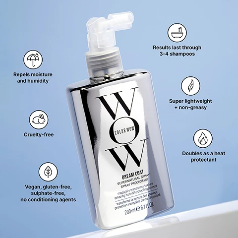 Image 1 - A silver rectangular spray bottle of Color Wow Dream Coat Supernatural Spray is angled on a light blue background, with text on the bottle reading WOW COLOR WOW DREAM COAT SUPERNATURAL SPRAY SPRAY PRODIGIEUX magically transforms texture amazing humidity-proofing powers transforme la texture des cheveux protection incroyable contre lhumidité 200ml e 6.7 FL OZ, and additional benefits listed around it as Repels moisture and humidity, Cruelty-free, Vegan, gluten-free, sulphate-free, no conditioning agents, Results last through 3-4 shampoos, Super lightweight + non-greasy, and Doubles as a heat protectant. Image 2 - A before and after image showing a woman with dark hair: in the top left inset, she has medium-length curly hair and a white t-shirt with the text BEFORE; in the main image, she sits with long, smooth, styled dark hair covering her face, wearing a red top with the text NICE and a shiny silver jacket. Image 3 - Alt text generation failed