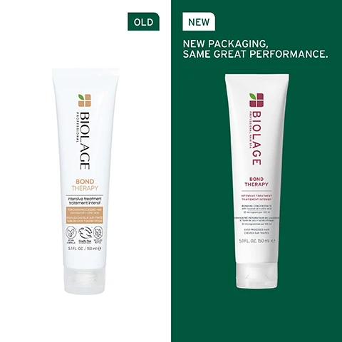 Image 1 - A side-by-side comparison of two tubes of Biolage hair treatment, with the left labeled OLD and the right labeled NEW, featuring the text NEW PACKAGING, SAME GREAT PERFORMANCE.
Image 2 - A close-up view of curly hair with darker and lighter highlights, displaying the text UP TO 33% LESS BREAKAGE* and UP TO 11X SMOOTHER HAIR** in bold white lettering.
Image 3 - Close-up of a drop of oil hanging from a coconut fiber, with the text FORMULATED WITH COCONUT OIL To shield strands for supreme smoothness.
Image 4 - Image features a dark green background with white text outlining information about a bond therapy treatment; sections include BEST FOR with details about over-processed and colour-treated hair, HAIR TYPE indicating fine to coarse, and KEY BENEFITS listing the advantages such as reinforcing weakened bonds and softening hair.
Image 5 - An abstract image featuring green, bubble-like shapes connected by clear tubes, with visible text that reads: Formulated with CITRIC ACID To reinforce weakened bonds to improve strength and resilience.
Image 6 - Four hair care products from Biolages Bond Therapy line are displayed against a green background, labeled in order as Treat, Cleanse, Condition, and Protect, with the product types indicated as intensive treatment, shampoo, conditioner, and repairing leave-in cream.