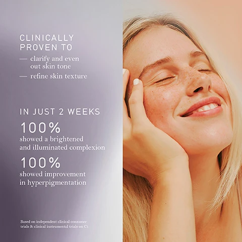 Image 1 - A smiling woman with her eyes closed is on the right side of the image, and the left side contains text that reads CLINICALLY PROVEN TO clarify and even out skin tone refine skin texture IN JUST 2 WEEKS 100% showed a brightened and illuminated complexion 100% showed improvement in hyperpigmentation Based on independent clinical consumer trials & clinical instrumental trials on C1. Image 2 - Five skincare products are shown in a line with text describing a routine and advice: VITAMIN C: AM ROUTINE, CLEANSE, VITAMIN C, EYES, MOISTURISE, SPF, SARAHS ADVICE: For long-term skin health, pair with Vitamin A at night to boost renewal and collagen production. Image 3 - Image shows Sarah Chapman Clinic serum bottles C1 Vitamin C Power 1 and C2 Vitamin C Power 2 displayed with text reading Intelligent Formula making clinical brightening and antioxidant performance accessible to sensitive skin, 1.5x MORE VITAMIN C than C1, and Radiance Boosting Powerhouse supercharged actives for long-term skin health. Image 4 - An orange skincare product bottle with text Sarah Chapman Clinic C2 Vitamin C Power 2 Lipo-C & Hydro-C + EGT + Niacinamide + Tranexamic Acid Illuminate + De-Pigment, shown with text up to 12x more actives delivered on the left and up to 20x more effective on the right against a gradient background.