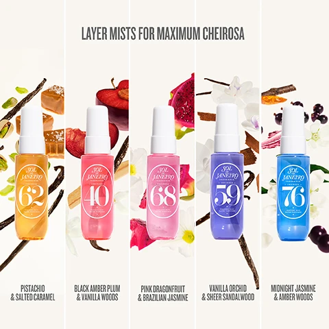 Image 3 - Five different colored Sol de Janeiro perfume mists are displayed against a white background, each accompanied by ingredients representing its fragrance, such as pistachios, vanilla, plums, dragonfruit, orchids, and jasmine, with the header text Layer Mists For Maximum Cheirosa, and from left to right: a yellow mist bottle labeled Sol de Janeiro Fragrance Cheirosa 62 Perfume Mist Brume Parfumée with the text Pistachio & Salted Caramel; a light pink mist bottle labeled Sol de Janeiro Fragrance Cheirosa 40 Perfume Mist Brume Parfumée with the text Black Amber Plum & Vanilla Woods; a bright pink mist bottle labeled Sol de Janeiro Fragrance Cheirosa 68 Perfume Mist Brume Parfumée with the text Pink Dragonfruit & Brazilian Jasmine; a lavender mist bottle labeled Sol de Janeiro Fragrance Cheirosa 59 Perfume Mist Brume Parfumée with the text Vanilla Orchid & Sheer Sandalwood; and a blue mist bottle labeled Sol de Janeiro Fragrance Cheirosa 76 Perfume Mist Brume Parfumée with the text Midnight Jasmine & Amber Woods. Image 5 - A white gift box titled Sol de Janeiro Spritz the Season, featuring a colorful pattern and wrapped with a pink ribbon repeatedly displaying Sol de Janeiro, contains five Sol de Janeiro perfume mists in yellow, red, pink, purple, and blue, each labeled Sol de Janeiro Fragrance Cheirosa with numbers 62, 40, 68, 59, and 76, and Perfume Mist Brume Parfumée; the box itself also states 5 x 1 fl oz / 30 mL e Perfume Mist / Brume parfumée, and sits on a light blue tiered platform, with additional text on the left indicating FORMULATED WITHOUT MINERAL OIL PHTHALATES PARABENS, PETA-CERTIFIED ANIMAL TEST-FREE AND VEGAN, and the FSC logo with www.fsc.org.