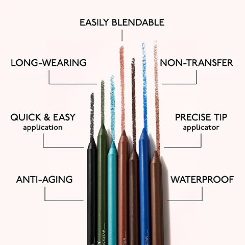 Image 5 - A flat lay shows seven makeup pencils in black, dark green, teal, copper, dark brown, blue, and bronze, each with a swatch line, next to text describing their features: EASILY BLENDABLE, LONG-WEARING, NON-TRANSFER, QUICK & EASY application, PRECISE TIP applicator, ANTI-AGING, and WATERPROOF, with partial brand text ACKSTAR visible on some pencils. Image 6 - A three-step eye makeup routine is displayed on a light pink background, showing a bronze eyeshadow stick with a swatch, a brown eyeliner pencil with a swatch, and a black mascara tube with its wand and a swatch. The text reads: Your Perfect Eye Routine. STEP 1: BY TERRY OMBRE BLACKSTAR Ombre Blackstar. STEP 2: BY TERRY CRAYON BLACKSTAR Crayon Blackstar. STEP 3: BY TERRY MASCARA TERRYBLY WATERPROOF Terrybly Mascara.