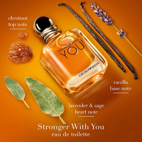 An amber-colored perfume bottle with a dark cap and gold neck is displayed on an orange background, surrounded by ingredients including chestnuts, vanilla pods, lavender, and sage leaves, with visible text on the bottle reading STRONGER WITH YOU EMPORIO ARMANI, and additional text labels indicating chestnut top note, vanilla base note, lavender & sage heart note, along with the main text Stronger With You eau de toilette.