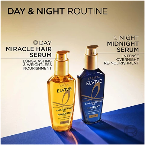 Image 1 - The image features two LOreal Elvive hair serums, one golden amber and one dark blue, on a split gold and blue background, with the visible text Day & Night Routine, Day Miracle Hair Serum Long-Lasting & Weightless Nourishment, LOreal Paris Elvive Extraordinary Oil Miracle Hair Serum, Night Midnight Serum Intense Overnight Re-Nourishment, and LOreal Paris Elvive Extraordinary Oil Midnight Serum. Image 2 - Two golden oil droplets, one larger in the foreground, splashing in golden liquid, with the text Powered with Extraordinary Marula & Camellia Oils. Image 3 - A golden bottle of LOreal Elvive Extraordinary Oil Miracle Hair Serum with a pump dispenser is depicted alongside a list of benefits and product details reading MULTI-TASKING HAIR OIL: +92% NOURISHMENT*, UP TO 230°c HEAT PROTECTION*, UP TO 6X MORE SHINE*, UP TO 72H FRAGRANCE**, LOREAL PARIS ELVIVE EXTRAORDINARY OIL MIRACLE HAIR SERUM, MARULA CAMELLIA OILS, Up to 6x more shine, DRY HAIR, *INSTRUMENTAL TESTS, and **SENSORY TEST. Image 4 - An image displays three examples of hair before and after a transformation, showing dark curly hair becoming more defined, blonde hair becoming smoother and wavier, and brown hair gaining shine and smoothness, with the text TRANSFORMS ALL TYPES OF HAIR, and labels BEFORE and AFTER for each section.