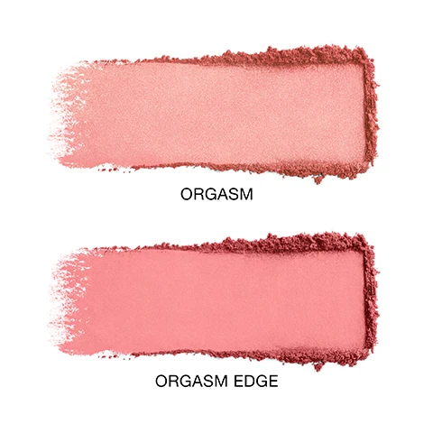 Image 1 - Image shows two swatches of pink powder, one shimmering and labeled ORGASM, the other matte and labeled ORGASM EDGE. Image 2 - A split image shows shimmery peachy pink blush swatch with text ORGASM 777 PEACHY PINK WITH GOLDEN SHIMMER, matte peachy pink blush swatch with text ORGASM EDGE 778 MATTE PEACHY PINK, and two models wearing the blush colors. Image 3 - Swatches of ORGASM and ORGASM EDGE makeup shades shown on three different skin tones.