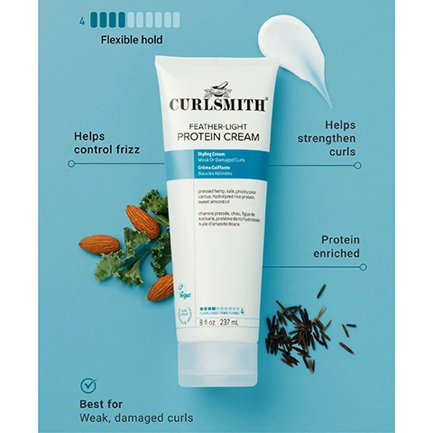 Image 1 - A white tube of Curlsmith Feather-Light Protein Cream is centered on a blue background, surrounded by almonds, kale, dark grains, and a swirl of white product, with text that reads 4 Flexible hold, Helps control frizz, Helps strengthen curls, Protein enriched, Best for Weak, damaged curls, CURLSMITH FEATHER-LIGHT PROTEIN CREAM Styling Cream Weak Or Damaged Curls Crème Coiffante Boucles Abîmées, pressed hemp, kale, pricklypear cactus, hydrolyzed rice protein, sweet almond oil, chanvre pressé, chou, figue de barbarie, protéine de riz hydrolysée, huile damande douce, Vegan, 8 fl oz 237 mL. Image 2 - A hand holds a white tube of Curlsmith Feather-Light Protein Cream against a blue background, with text reading Formulated with rice protein designed to help STRENGTHEN HAIR, and on the product CURLSMITH FEATHER-LIGHT PROTEIN CREAM, Styling Cream, Weak Or Damaged Curls, Crème Coiffante, Boucles Abîmées, pressed hemp, kale, prickly pear cactus, hydrolyzed rice protein, sweet almond oil, chanvre pressé, chou, figue de barbarie, protéine de riz hydrolysée, huile damande douce, Vegan, 8 fl oz 237 mL. Image 3 - A smiling woman with long, brown curly hair looks to the left, holding a white tube of Curlsmith Feather-Light Protein Cream; visible text on the image reads Light & long-lasting FLEXIBLE HOLD and Curlsmith Feather-Light Protein Cream Perfect for fine hair & wavy to curly types. Image 4 - The image shows two tubes of Curlsmith Feather-Light Protein Cream, the old packaging on the left with purple accents and the new packaging on the right with blue accents and a teal circular label that reads Same Great New Look Product, with a right-pointing arrow between them; the old tube reads Curlsmith Strength Recipe / Recette Fortifiante, Feather-Light Protein Cream, Styling Cream For Weak Or Damaged Curls / Crème Coiffante Pour Boucles Abîmées, Whats Inside Wild Rice Protein, Pressed Hemp, Prickly Pear Cactus, Sweet Almond Oil, Kale, Content Protéine De Riz Sauvage, Chanvre Pressé, Chou, Figue De Barbarie, Protéine De Riz Hydrolysée, Huile Damande Douce, 4 Flexible Hold / Tenue Flexible, Cruelty Free, Vegan, 8fl oz / 237mL; while the new tube reads Same Great New Look Product, Curlsmith, Feather-Light Protein Cream, Styling Cream Weak Or Damaged Curls / Crème Coiffante Boucles Abîmées, pressed hemp, kale, prickly pear cactus, hydrolyzed rice protein, sweet almond oil, chanvre pressé, chou, figue de barbarie, protéine de riz hydrolysée, huile damande douce, 4 Flexible Hold / Tenue Flexible, Vegan, 8 fl oz 237ml.