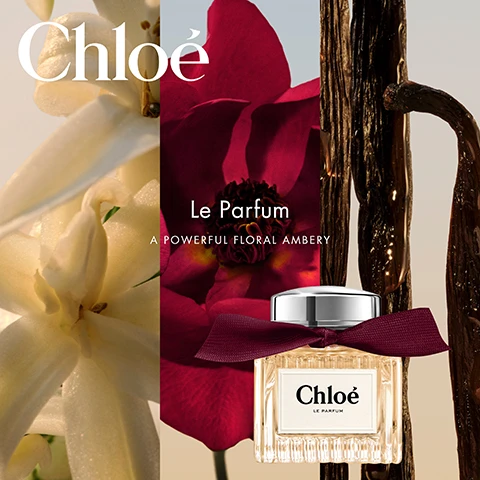 Image 1 - An advertisement for Chloé perfume features a square bottle with a silver cap and a red ribbon, positioned against a background of a light-colored flower, a large red flower, and dark vanilla pods, with the visible text Chloé Le Parfum A POWERFUL FLORAL AMBERY and Chloé Le Parfum on the bottle. Image 2 - An advertisement for Chloé perfume shows a bottle with a dark red bow and a label reading Chloé LE PARFUM, positioned next to a five-star rating and a customer review that states: Honestly incredible! Ive fallen in LOVE with this fragrance. Its elegant but comforting, and the scent lasts all day. I can see it becoming my new signature scent. - Rebecca, Home Tester Club. The Chloé brand logo is also prominent at the top of the image. Image 3 - Three clear perfume bottles with amber liquid, each labeled Chloé LE PARFUM and tied with a burgundy ribbon, are shown in 50ML, 100ML, and 30ML sizes, alongside a larger Chloé LE PARFUM dark red dispenser, with the text REFILLABLE IN ALL FORMATS.