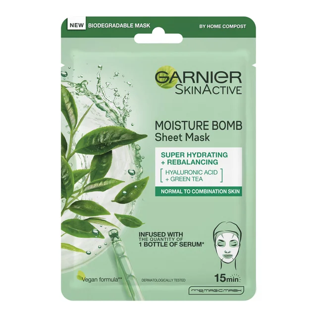 Garnier Moisture Bomb Groene Thee Hydraterend Sheetmasker voor Gezicht voor Gecombineerde Huid 32 g