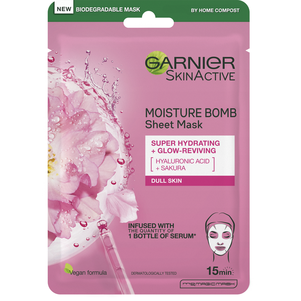 Garnier Moisture Bomb Sakura Hydraterend Sheetmasker voor Gezicht voor Doffe Huid 32 g Afbeelding 1