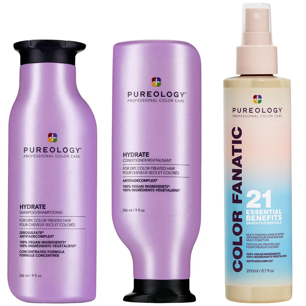 Pureology Hydrate Shampoo, Conditioner and Color Fanatic Multi-Benefit Leave-in, Moisturising Bundle for Dry Hair Afbeelding 1