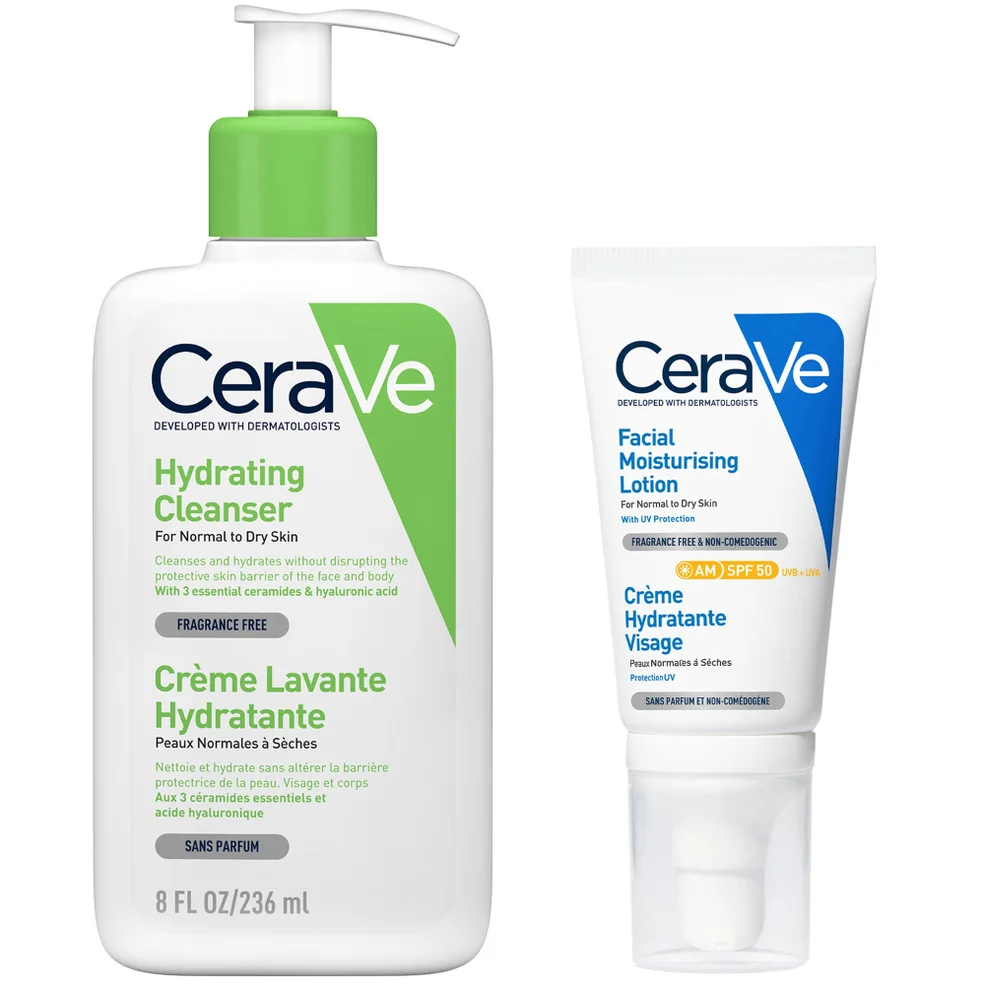CeraVe Morning Face Routine for Dry Skin, Hydrating Cleanser and Moisturiser with SPF 50 Afbeelding 1