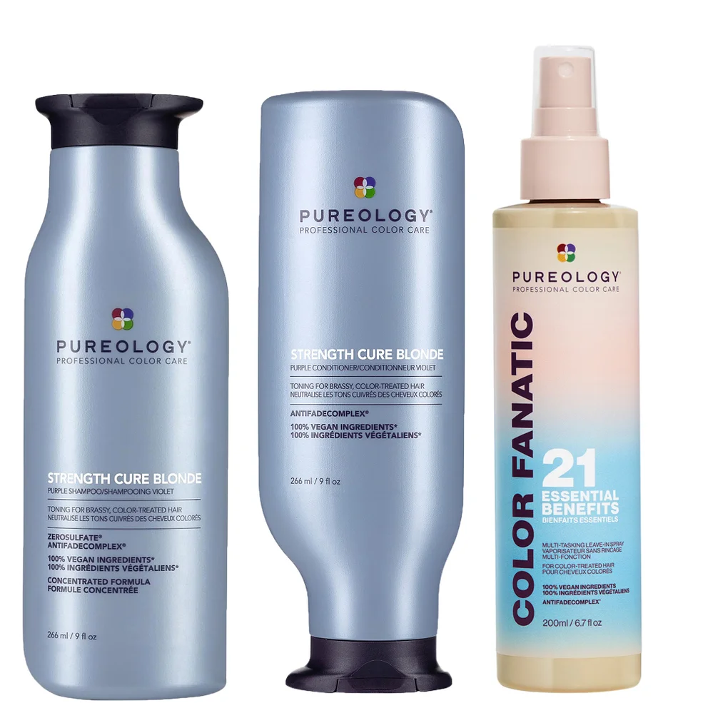 Pureology Strength Cure Blonde Purple Shampoo, Conditioner and Color Fanatic Spray Routine for Toning Brassy Hair Afbeelding 1