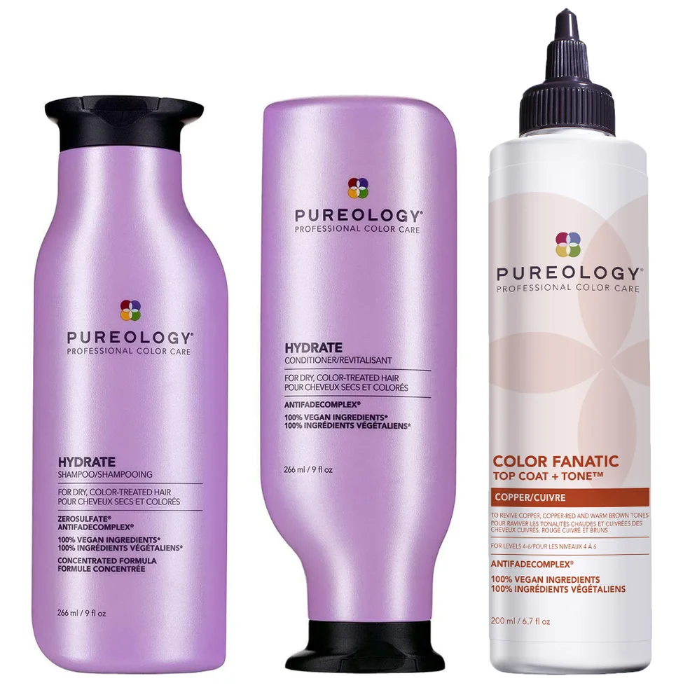 Pureology Hydrate Shampoo, Conditioner and Top Coat & Tone Routine for Neutralising and Hydrating Copper Hair Afbeelding 1