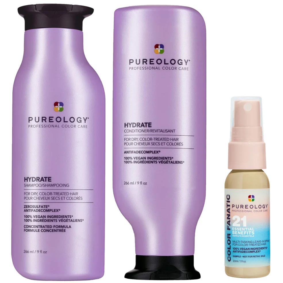 Pureology Hydrate Shampoo 266ml, Conditioner 266ml and Color Fanatic Spray Travel Size 30ml For Dry Hair Bundle Afbeelding 1