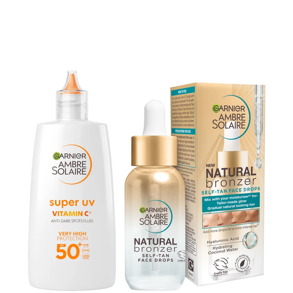 Garnier Glow and Protect Duo: Natural Bronzer Self-Tan Drops and Ambre Solaire Vitamin C Facial SPF50+ Fluid Afbeelding 1