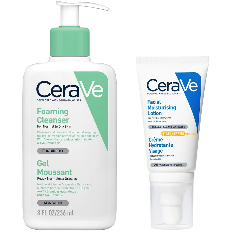 CeraVe Morning Cleanse and Protect Duo for Oily Skin, Cleanser with Niacinamide and Moisturiser with SPF 50 and Hyaluronic Acid Afbeelding 1