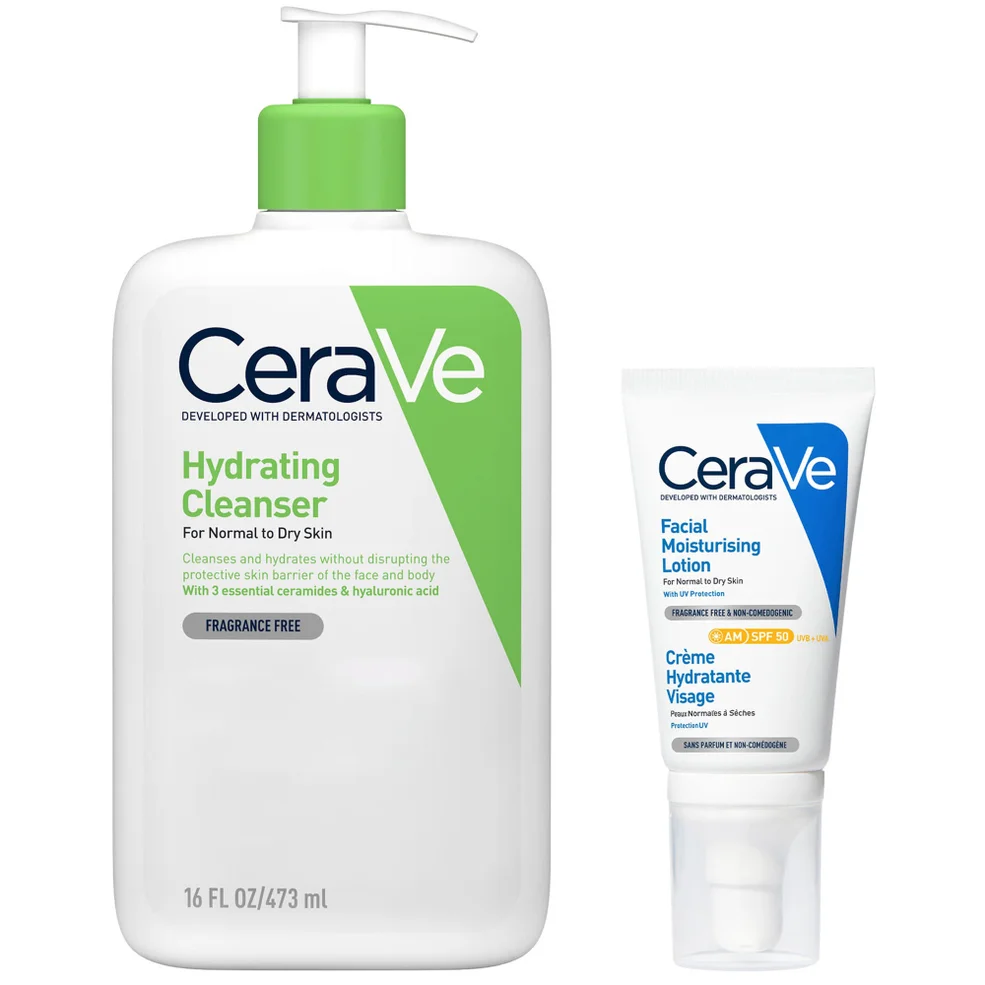 CeraVe Cleanse and Protect Face Routine for Dry Skin, Hydrating Cleanser and Facial Moisturiser with SPF 50 Afbeelding 1