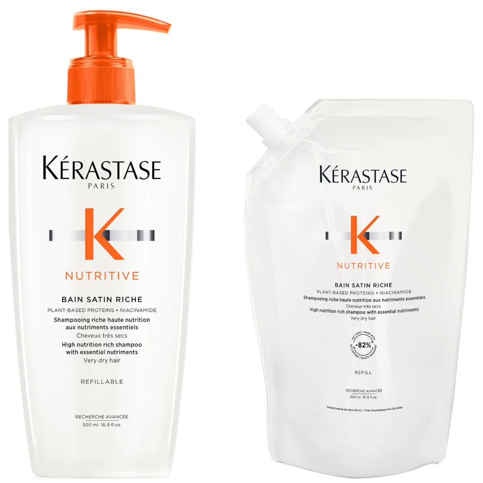 Kérastase Nutritive Bain Satin Riche Refillable Shampoo and Refill Pouch Duo for Fine to Medium Dry Hair with Niacinamide 500ml Afbeelding 1