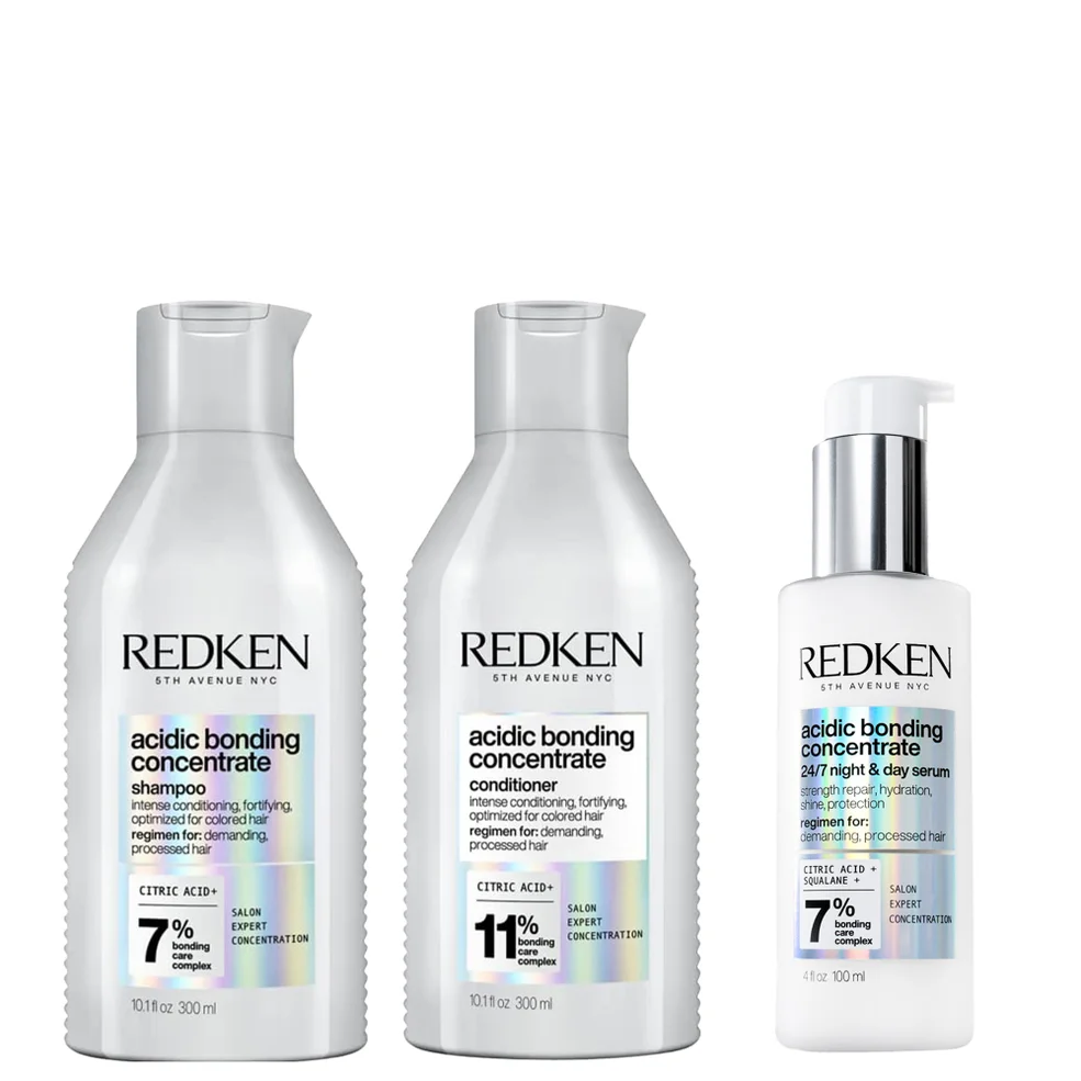 Redken Acidic Bonding Concentrate Shampoo 300ml, Conditioner 300ml and 24/7 Night & Day Serum 100ml Repair Damaged Hair Bundle Afbeelding 1