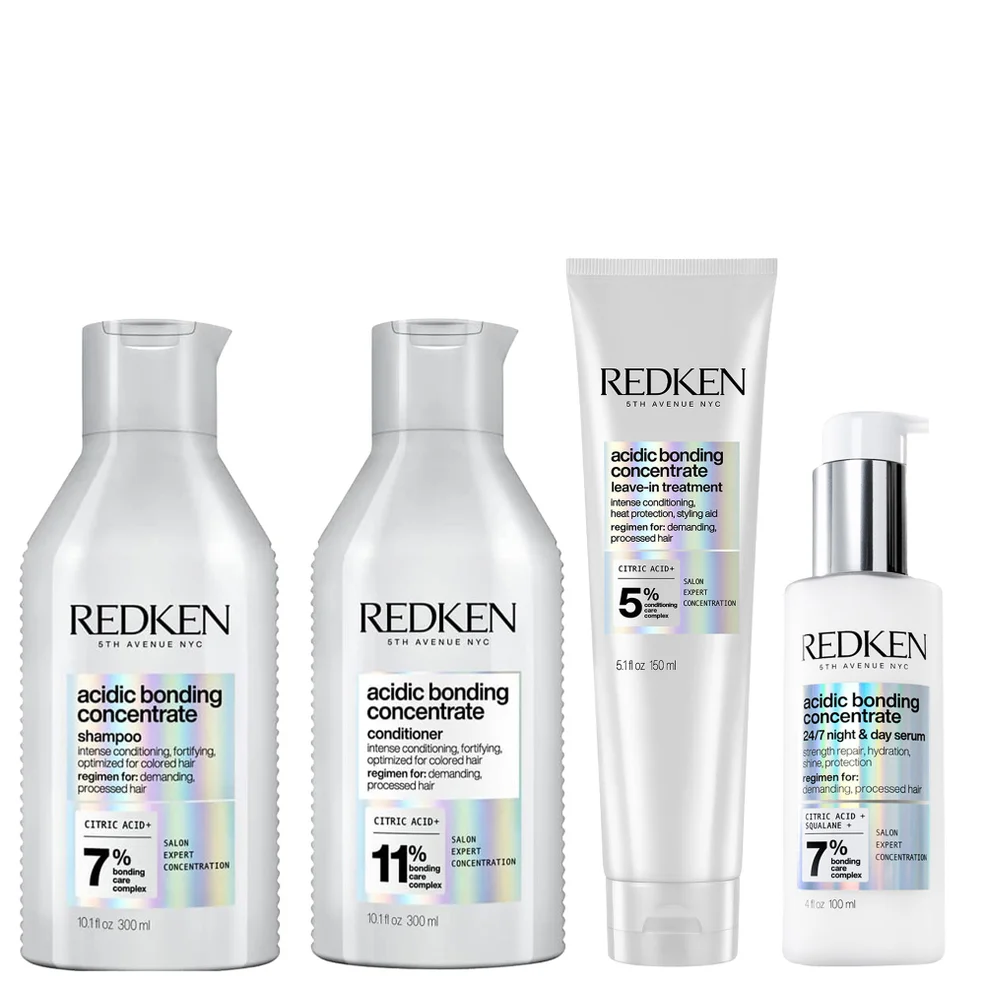 Redken Acidic Bonding Concentrate Shampoo 300ml, Conditioner 300ml, Leave-in Treatment 150ml and 24/7 Night & Day Serum Bundle Afbeelding 1