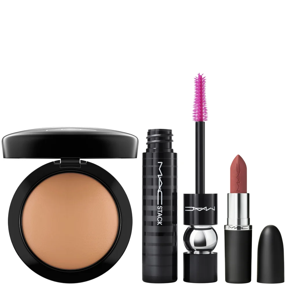 MAC HEROS - MACximal Lipstick Velvet Teddy, Min. Skinfinish Give Me Sun, Fix + Original 100ml and MACStack Black Mascara Bundle Afbeelding 1