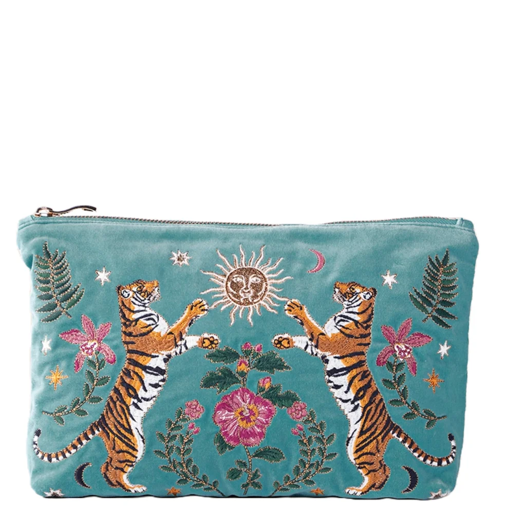 Elizabeth Scarlett Celestial Tigers Velvet Everyday Pouch - Dusky Teal Afbeelding 1