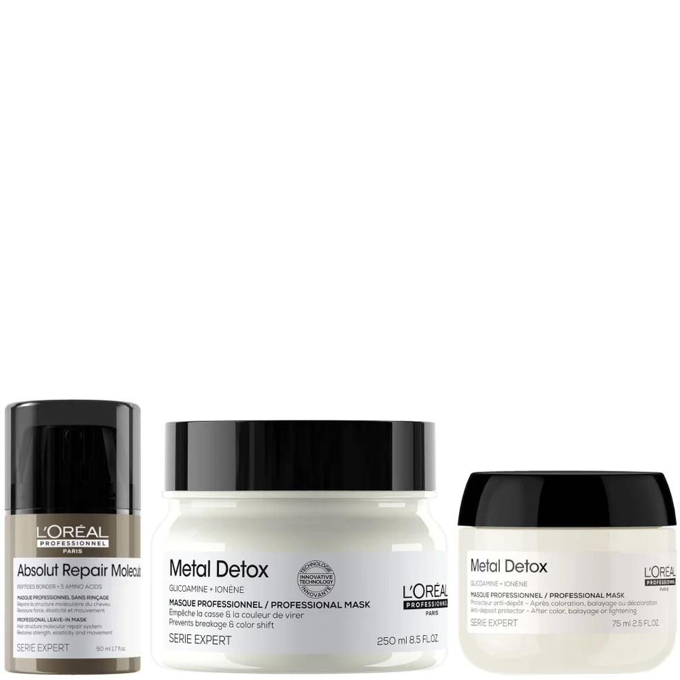 L'Oréal Professionnel Metal Detox Hair Mask & Absolut Repair Molecular Leave-In Cream, repair damage mask set 250ml & 50ml Afbeelding 1